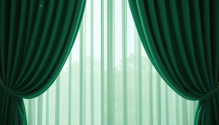 Soft green curtains drape elegantly around vertical blinds, allowing gentle light to enter the peaceful room.の素材