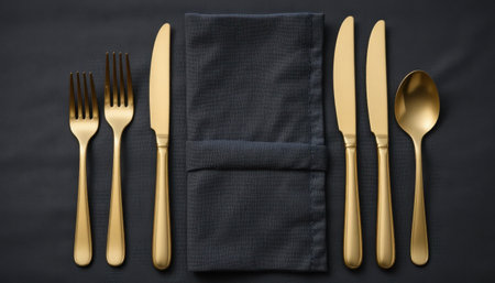 Beautifully arranged gold cutlery next to a folded dark cloth napkin on a sophisticated dining table.の素材