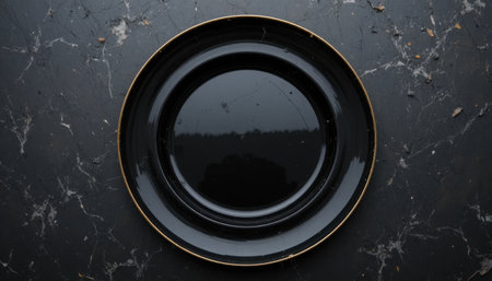 A sleek black plate with gold edges rests on a rich dark marble background, showing its glossy finish.の素材