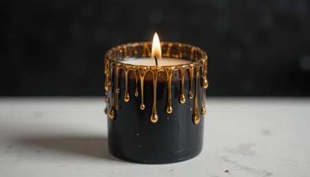A candle burns softly with warm light, and golden wax drips artfully down the sides, creating a cozy atmosphere.の素材