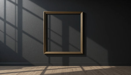 An empty ornate frame stands against a dark wall, with sunlight creating interesting shadows on the floor.の素材