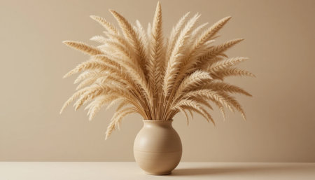 A beautiful display of pampas grass in a cream-colored vase on a minimalist surface, enhancing home aesthetics.の素材