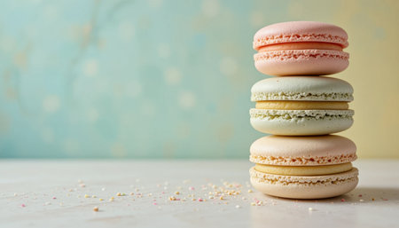 Three pastel macarons on a table, surrounded by sprinkles and a dreamy backdrop.の素材