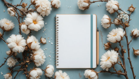 Delicate white flowers frame a blank notebook and pencil on a soft blue surface, inviting creativity.の素材