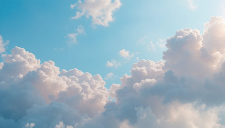 Fluffy clouds drift peacefully in a bright blue sky, illuminated by warm sunlight during midday.の素材