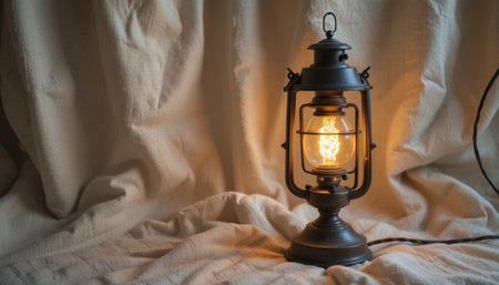 Warm light from a classic lantern brightens a tranquil space with soft fabric in the backdrop during twilight.の素材