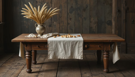 A rustic wooden table featuring a decorative vase with dried blooms, surrounded by assorted baked goods and cloth.の素材
