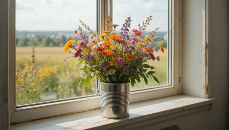 Bright wildflowers in a tin can sit on a windowsill, overlooking a sunny field and distant trees.の素材