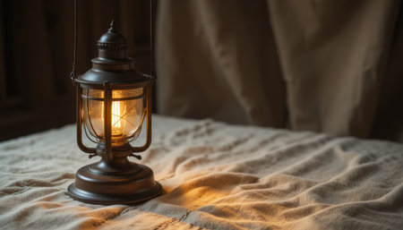 A classic lantern casts warm light on a textured tablecloth, creating a peaceful atmosphere during twilight.の素材