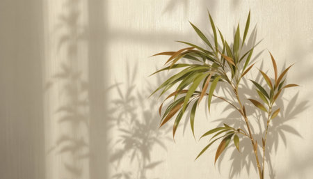 A green plant with slender leaves stands against a white wall, where soft shadows are formed by the sunlight.の素材