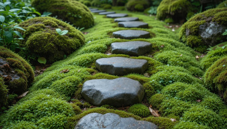 Tranquil scene showing a stone pathway lined with lush green moss in a serene garden during evening light.の素材