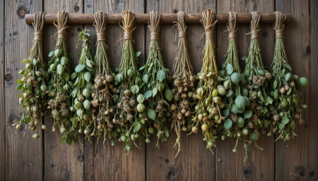 Bunches of dried herbs are neatly hung from a wooden beam against a rustic wall, showcasing a natural and cozy decor.の素材