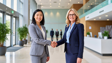 Two businesswomen in formal attire shake hands in a stylish office lobby while colleagues walk in the background.の素材