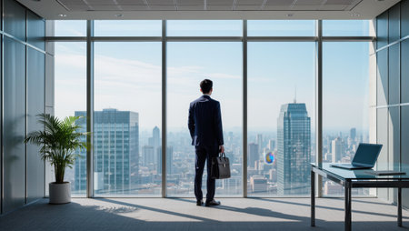 Professional man in a suit stands by a large window, gazing at the urban landscape during daylight hours.の素材