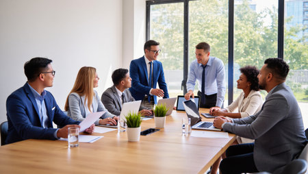 A diverse group of professionals meets at a modern office, sharing insights around a wooden table.の素材