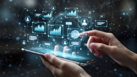 Hands interact with floating data visuals on a tablet, showcasing graphs and user information in a digital space.の素材