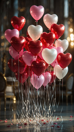 Colorful heart-shaped balloons in red, pink, and white create a vibrant display for a special event.の素材