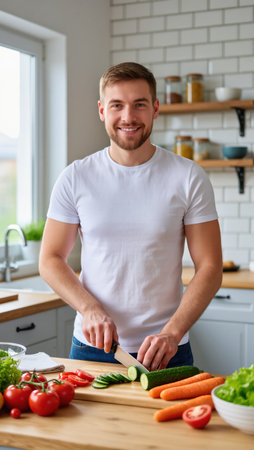 Smiling man chops cucumbers and prepares colorful vegetables in a bright kitchen filled with natural light.の素材
