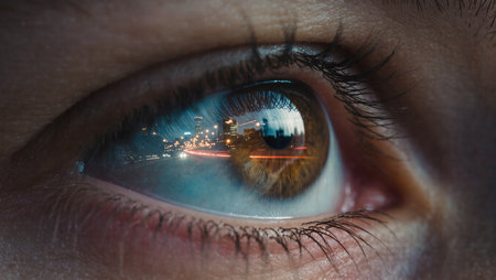 An eye shows a stunning reflection of a city at night, capturing lights and motion from the streets below.の素材