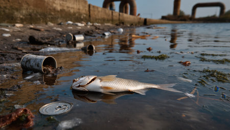 A dead fish lies in shallow water, surrounded by trash and debris in a polluted river under bright skies.の素材