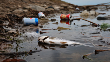 Dead fish lie in shallow water surrounded by trash, showing the negative effects of pollution on nature.の素材