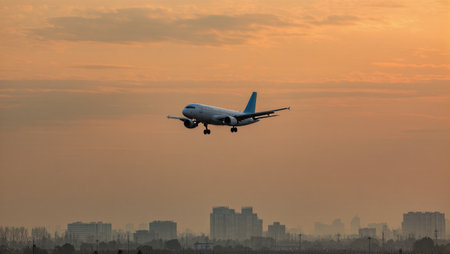 An airplane descends toward the runway under a warm orange sky, silhouetted against urban structures.の素材