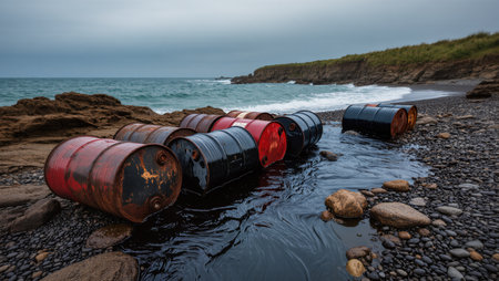 Rusty barrels are scattered along a rocky beach, partially submerged in water as waves crash in a gloomy atmosphere.の素材
