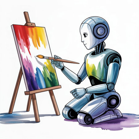 A robot artist kneels at an easel, painting a vibrant watercolor scene with various colors in a studio setting.の素材