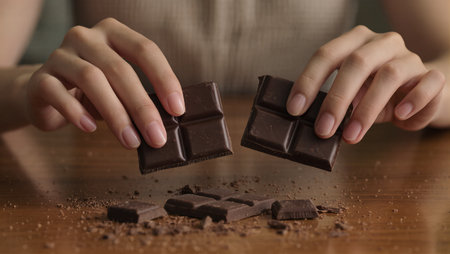 Hands are breaking apart a dark chocolate bar, with chocolate pieces scattered on a wooden table.の素材