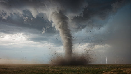 Dark clouds swirl above as a tornado touches down, stirring up dust and debris in the open field with lightning strikes.の素材