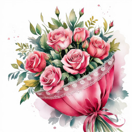 Lovely arrangement of pink roses in a bouquet, featuring soft hues and gentle details, perfect for floral art lovers.の素材