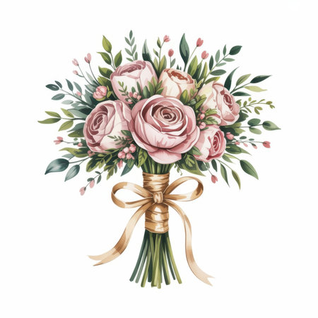 This watercolor artwork showcases a beautiful bouquet of pink roses surrounded by green leaves and delicate flowers.の素材