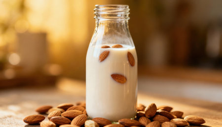 A glass bottle of almond milk sits on a wooden table surrounded by almonds, illuminated by warm sunlight.の素材
