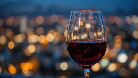 A glass of red wine sits in focus while the city lights twinkle in the background during dusk.の素材