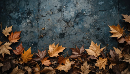 Bright orange and yellow leaves lay on a cracked blue surface, capturing the beauty of autumn's changing colors.の素材
