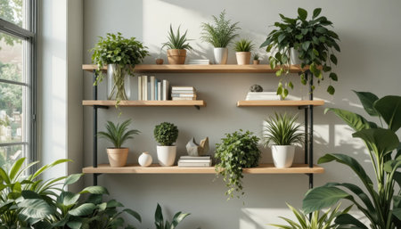 Lush plants arranged on wooden shelves create a vibrant atmosphere in a stylish indoor environment.の素材