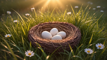 A natural setting features a nest containing four white eggs, surrounded by daisies in the sunlight.の素材