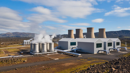 A geothermal power plant is seen with large cooling towers and steam rising, set against an expansive landscape.の素材
