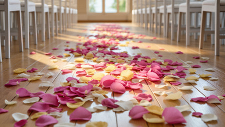 Colorful flower petals in shades of pink, yellow, and white form a decorative aisle on the wooden floor for a wedding.の素材