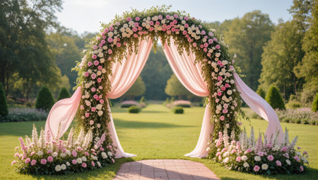 A stunning floral arch adorned with pink and white flowers stands in a lush garden, perfect for a wedding event.の素材