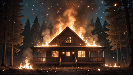 Flames consume a cabin surrounded by tall trees as sparks illuminate the dark sky at night.の素材