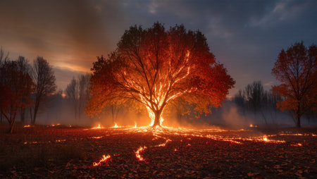 A vibrant tree with orange leaves burns brightly against a smoky backdrop while flames dance around the ground.の素材