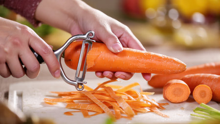 Hands are skillfully peeling a bright orange carrot in a sunny kitchen, surrounded by fresh vegetables.の素材