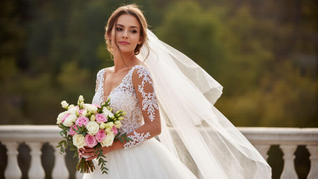 Bride stands elegantly in daylight, wearing a stunning wedding dress with a bouquet of roses in her hands.の素材