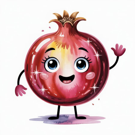 Whimsical depiction of a happy pomegranate character waving with cheerful features and vibrant colors.の素材