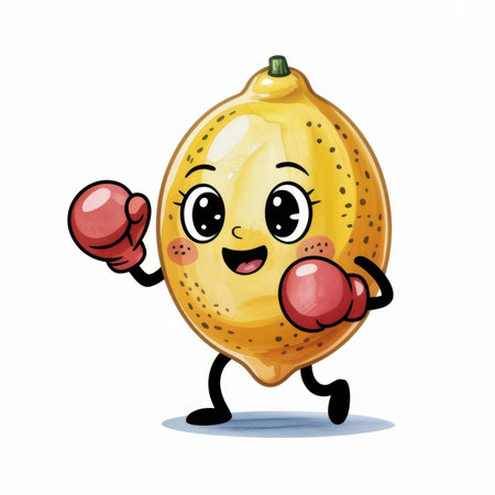 A vibrant lemon character with boxing gloves is playfully striking a pose, exuding joy and energy.の素材