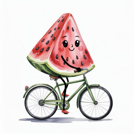 A playful watermelon character joyfully rides a bicycle, bringing a sense of fun and whimsy to the scene.の素材