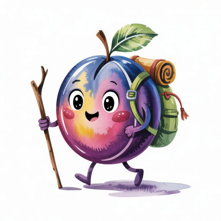 A cheerful fruit-like character hikes with a backpack and walking stick in this vibrant watercolor scene.の素材