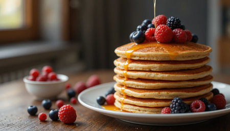 Fluffy pancakes layered high with an assortment of fresh berries and syrup drizzled on top sit on a rustic table.の素材