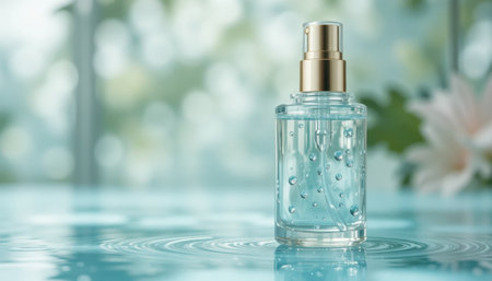 Clear serum in a glass bottle with droplets sits on a tranquil surface, surrounded by soft light and greenery.の素材